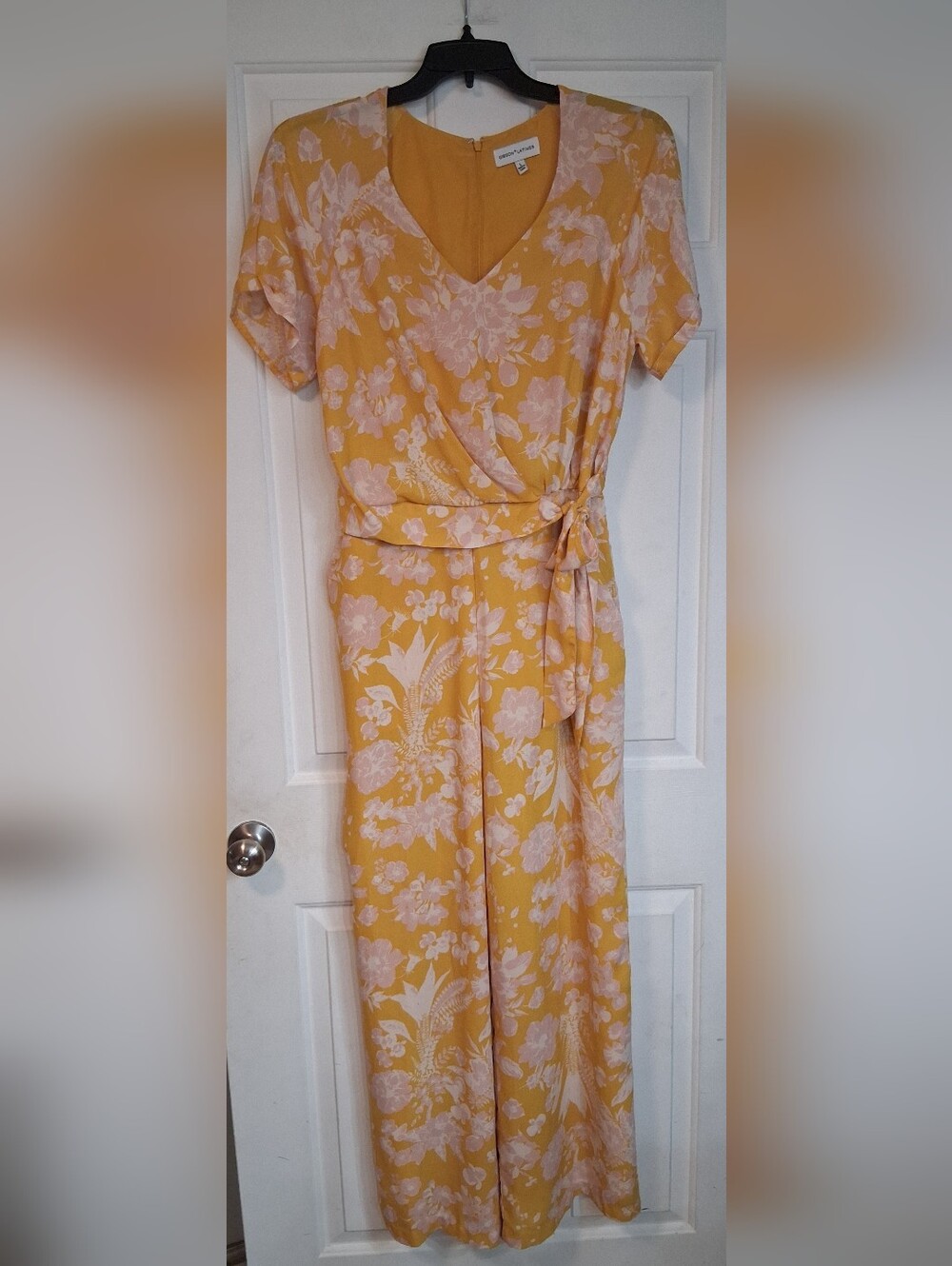 Gibson Latimer Yellow Gold Pale Pink Floral Print Wrap Jumpsuit Large